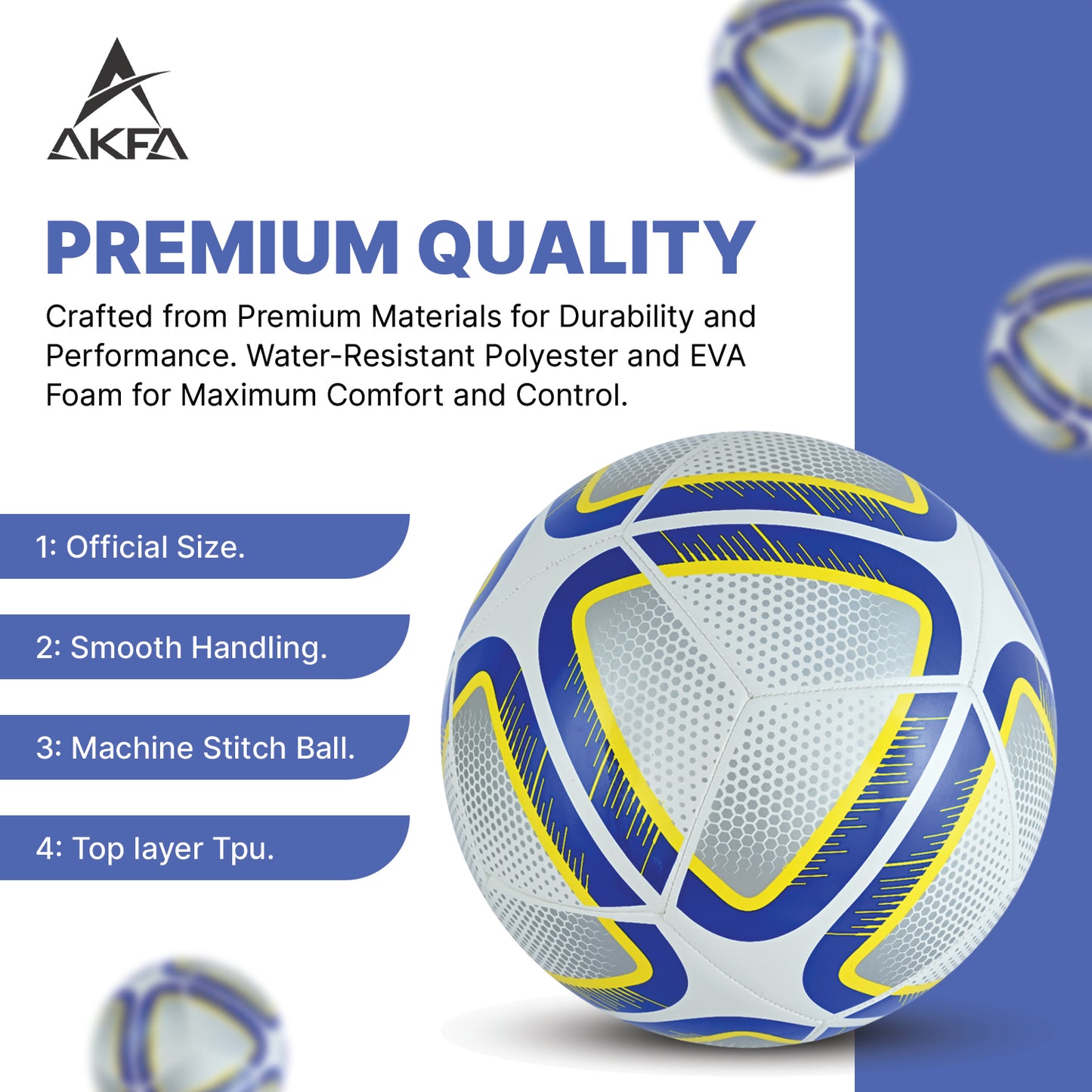 AKFA Champion Official Size 5 Soccer Ball, Premium Quality with Outside TPU Embeded with EVA, Winded Polyster Thread SR Bladder Inside Vibrant Colors: Blue/Yellow/Silver/Black
