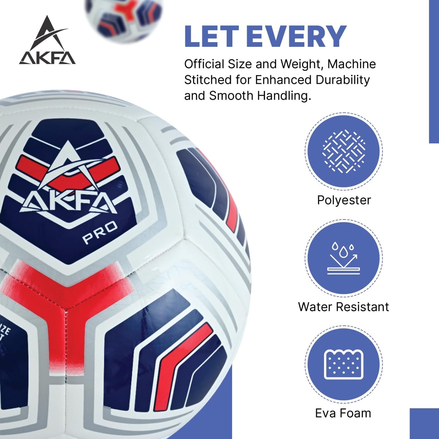 AKFA PRO Official Size 5 Soccer Ball – 410-450g Match & Training Ball, Indoor/Outdoor Sports, Synthetic Leather, FIFA Standard with Free Airless Mini Ball (White/Navy Blue/Red)