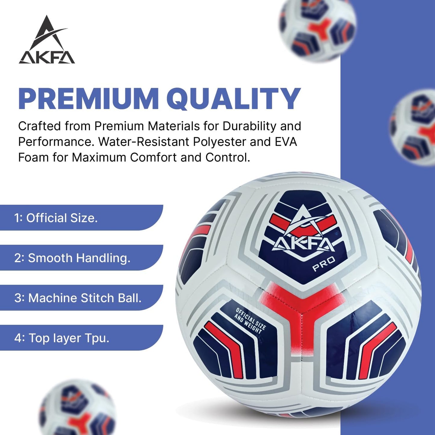 AKFA PRO Official Size 5 Soccer Ball – 410-450g Match & Training Ball, Indoor/Outdoor Sports, Synthetic Leather, FIFA Standard with Free Airless Mini Ball (White/Navy Blue/Red)