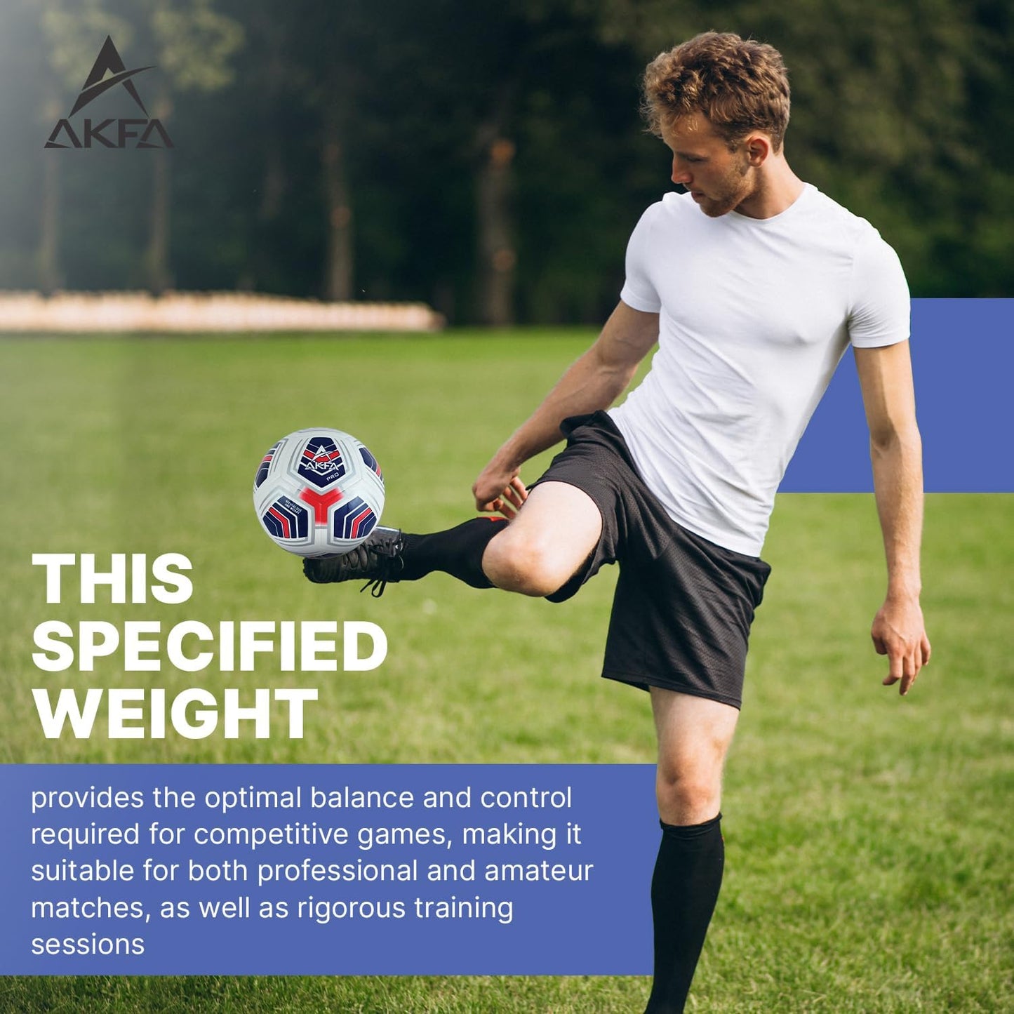 AKFA PRO Official Size 5 Soccer Ball – 410-450g Match & Training Ball, Indoor/Outdoor Sports, Synthetic Leather, FIFA Standard with Free Airless Mini Ball (White/Navy Blue/Red)