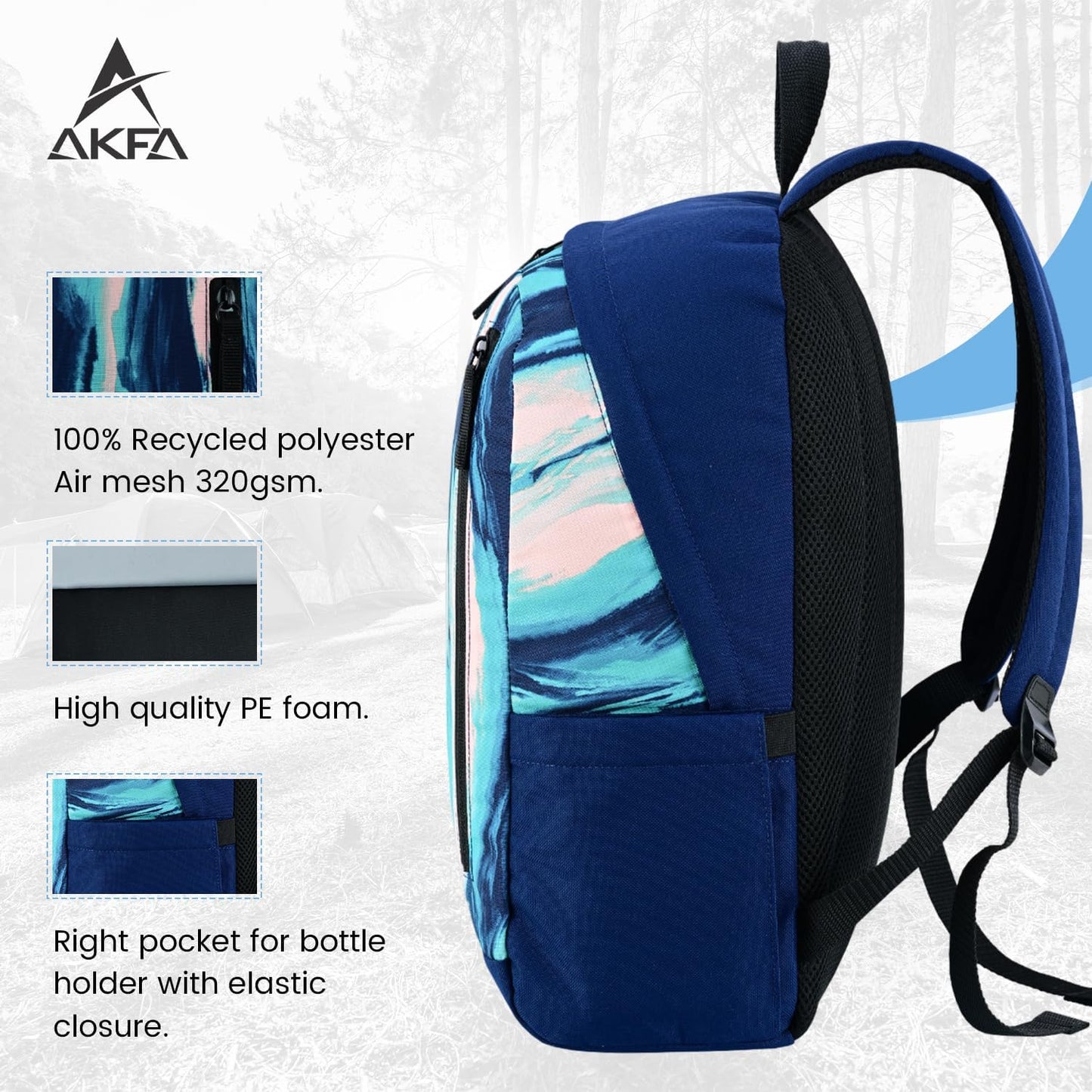 Fashion Backpack - Stylish Water-Repellent Daypack Made from 100% Recycled Polyester, 14L Capacity with Adjustable Straps (Dark Blue/Turquoise)