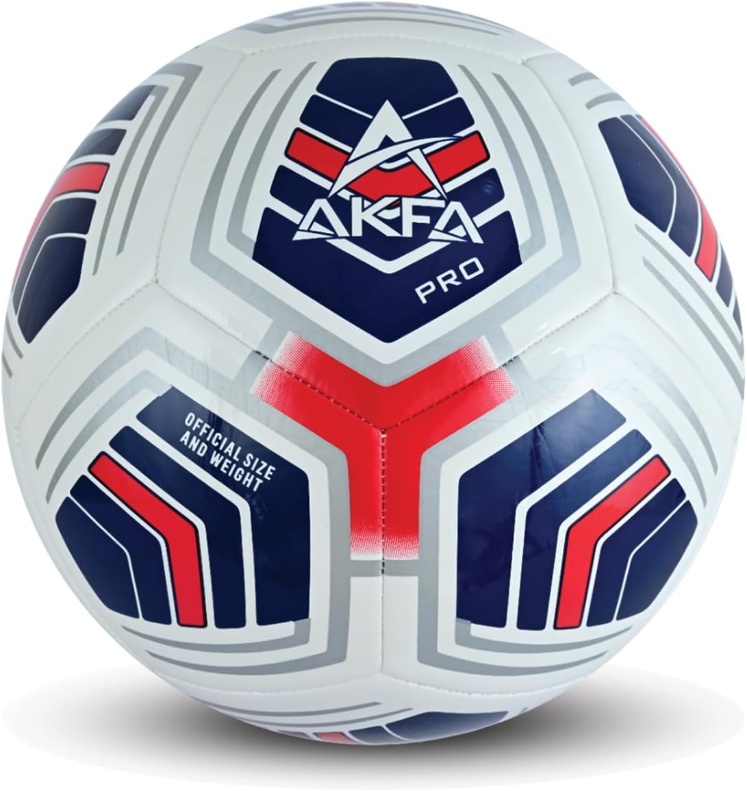AKFA PRO Official Size 5 Soccer Ball – 410-450g Match & Training Ball, Indoor/Outdoor Sports, Synthetic Leather, FIFA Standard with Free Airless Mini Ball (White/Navy Blue/Red)