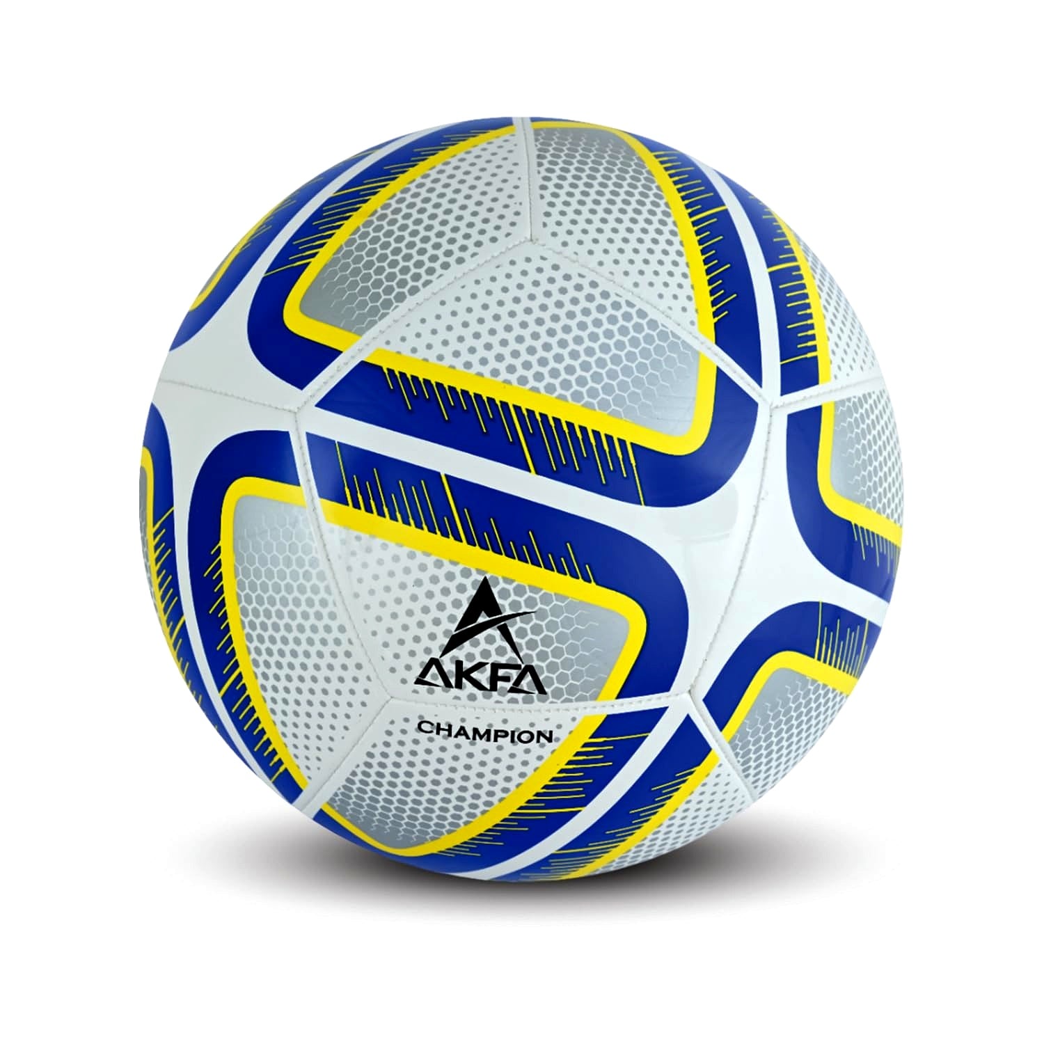 AKFA Champion Official Size 5 Soccer Ball, Premium Quality with Outside TPU Embeded with EVA, Winded Polyster Thread SR Bladder Inside Vibrant Colors: Blue/Yellow/Silver/Black